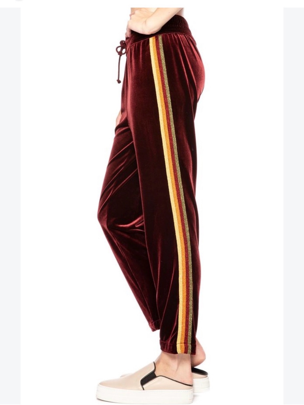 MOTHER Burgundy Velvet Track Pants with Multi-Stripe Side Trim, Size Small